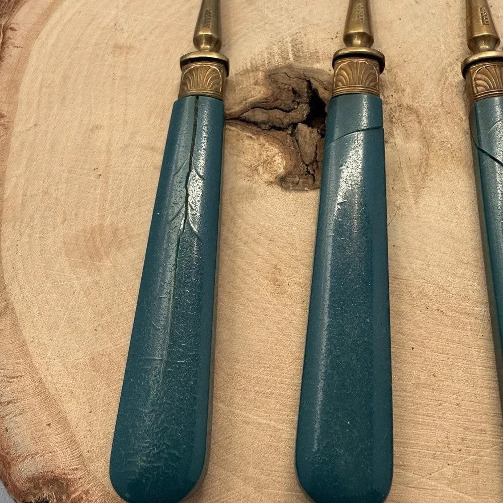 Vtg Brass Dessert/Fruit/Fish Forks Bakelite Handles Turquoise/Blue‎ With Cases